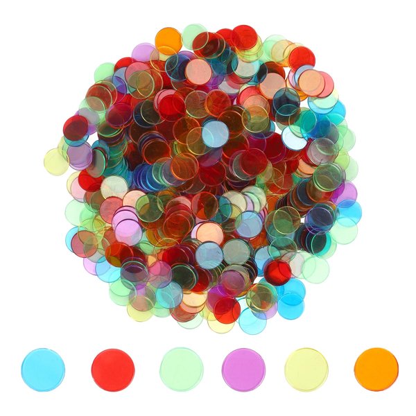 GHERPTE 300 Pieces 3/4 inch Transparent 6 Color Bingo Counting Chips with Bag for Bingo Game Party,Classroom,Game Night,Bingo Mixed Color