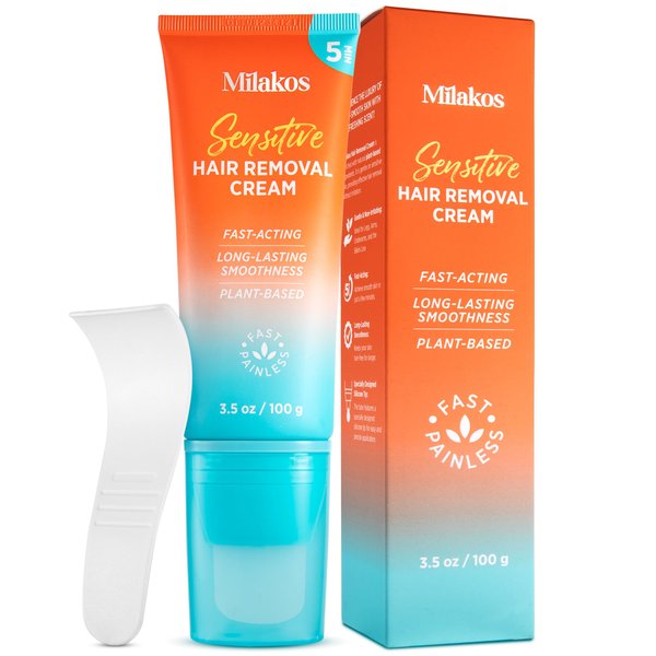 Milakos Hair Removal Cream for Women & Men, Depilatory Cream for Bikini Pubic & Intimate Areas Legs Arms Underarms - Fast, Painless, Soothing to Remove Unwanted Body Hair (Pack of 1)