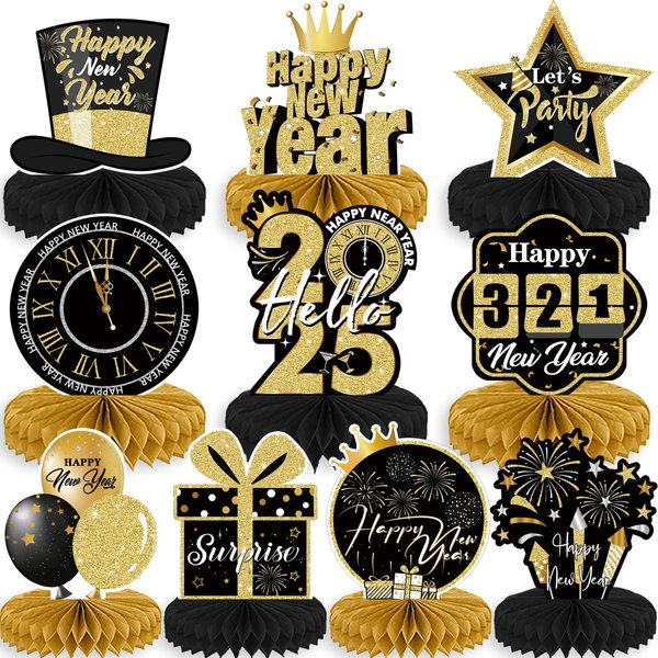 2025 New Year Party Centerpieces Decorations 10pcs New Year Eva Party Supplies,Hello 2025 Theme Table Toppers Black and Gold 2025 New Years Eve Party Supplies (2025 New Years)