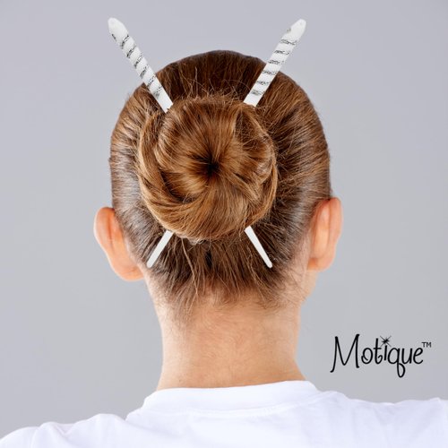 Set of Two 7 inch Long Plastic Hair Sticks with Silver Swirl for Women - White