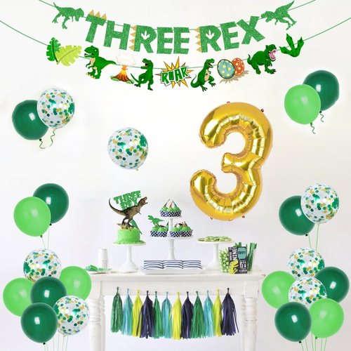 Dinosaur 3rd Birthday Decorations, 3 Rex Birthday Party Supplies - Three Rex Banner, Cake&Cupcake Toppers, Dinosaur Balloons,Temporary Tattoos for Roar I’m 3 Boys Girls Birthday