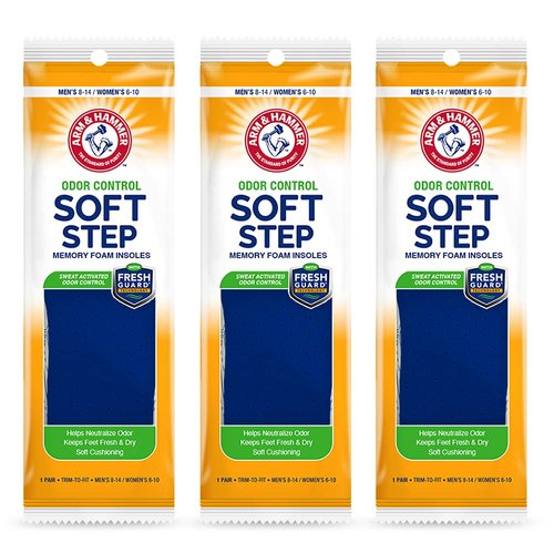 Arm & Hammer Odor Control Soft Step Insoles, Memory Foam Insoles for Men & Women. Grey Topside treated w/Fresh Guard Tech.! Best Insoles for Standing All Day, Foot Inserts, Shoe Inserts Unisex-3 Pack