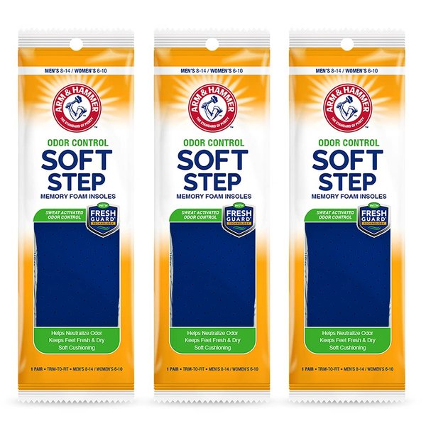 Arm & Hammer Odor Control Soft Step Insoles, Memory Foam Insoles for Men & Women. Grey Topside treated w/Fresh Guard Tech.! Best Insoles for Standing All Day, Foot Inserts, Shoe Inserts Unisex-3 Pack