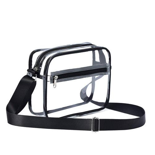 Clear Crossbody Messenger Shoulder Bag Stadium Approved for Women and Men, Clear Purse for Work Travel Concert and Sport Events-Black