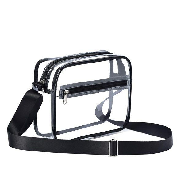 Clear Crossbody Messenger Shoulder Bag Stadium Approved for Women and Men, Clear Purse for Work Travel Concert and Sport Events-Black