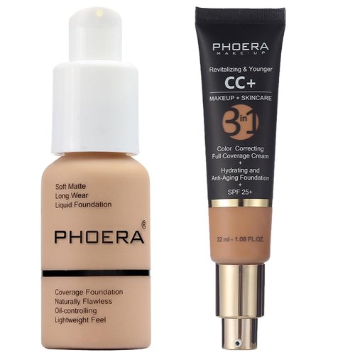 PHOERA Foundation Full Coverage,PHOERA CC Cream Color Correcting Anti Aging Hydrating Serum &SPF 25+,PHOERA Makeup Wrinkles Matte Finish for a Flawless Complexion(104+140/Buff Beige+Buff Beige)