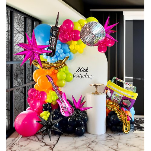 80S Music Theme Balloon Garland 90S Party Decorations Hot Pink Teal Orange Balloons with Radio Guitar Music Disco Ball starburst Balloon for Back to 90's 80's Hip Pop Karaoke Party Decor 2025 grad