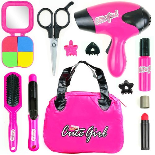 Big Mo’s Toys Kids Beauty Makeup and Hair Salon Set, Girls Pretend Play Toy with Cosmetic Bag, Hairdryer, Curling Iron, Blush Pallet with Mirror, Lipstick & Styling Accessories, 12 Piece Kit