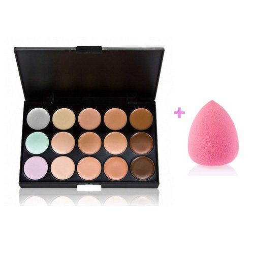 LuckyBebe (2 in 1 Value Pack) 15 Colors Contour Concealer Face Cream Makeup Palette Professional + SPONGE for Traveling Small Compact Size
