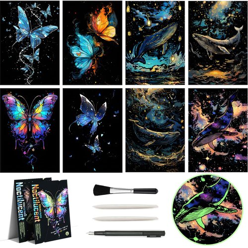 Glow in The Dark Scratch Art Rainbow Painting Paper 8 Sheet with Pen / Cleaning Brush, Engraving Landscape Scratchboard(A4) for Kids Teens & Adults, Fun Sketch Card Creative Craft Toy (Animal)