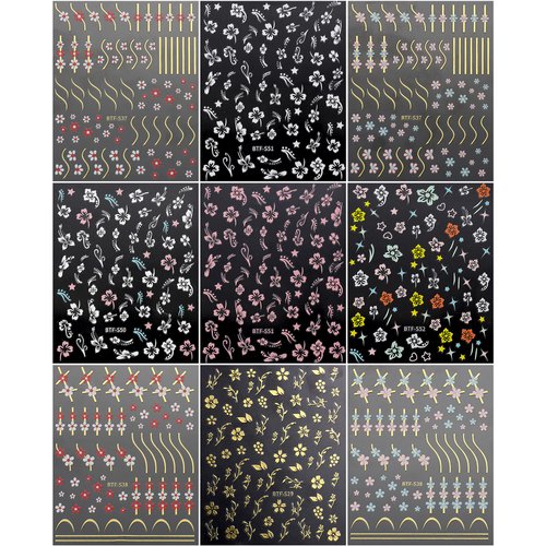 JMEOWIO 9 Sheets Spring Flower Hibiscus Nail Art Stickers Decals Self-Adhesive Pegatinas Uñas Colorful Summer Floral Pink Nail Supplies Nail Art Design Decoration Accessories