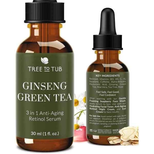 Tree To Tub Anti Aging Retinol, Vitamin C, Hyaluronic Acid Serum for Face & Wrinkles - Hydrating Facial Serum for Dry & Sensitive Skin, Night Serum for Women & Men w/Vitamin A, E, Glycolic Acid