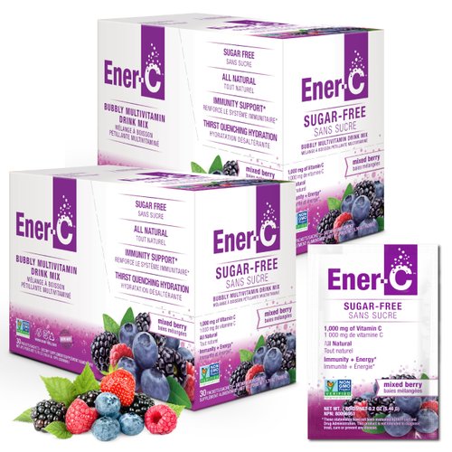 Ener-C Sugar Free Energy Mixed Berry Multivitamin Drink Mix Vitamin C 1000mg & Electrolytes - Natural Immunity Support with Real Fruit Juice Powders Non-GMO Vegan & Gluten Free - 60 Count