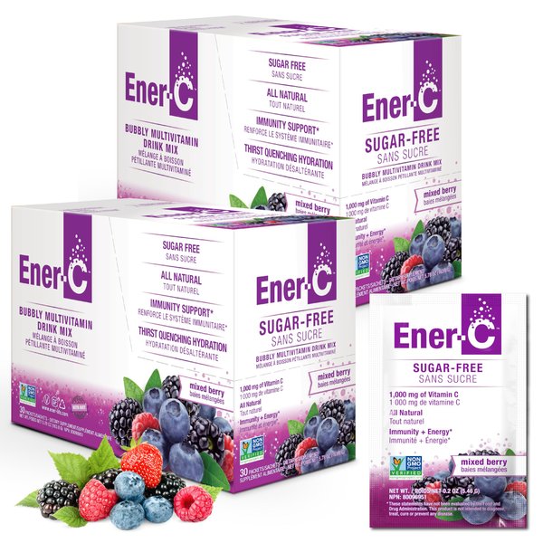 Ener-C Sugar Free Energy Mixed Berry Multivitamin Drink Mix Vitamin C 1000mg & Electrolytes - Natural Immunity Support with Real Fruit Juice Powders Non-GMO Vegan & Gluten Free - 60 Count