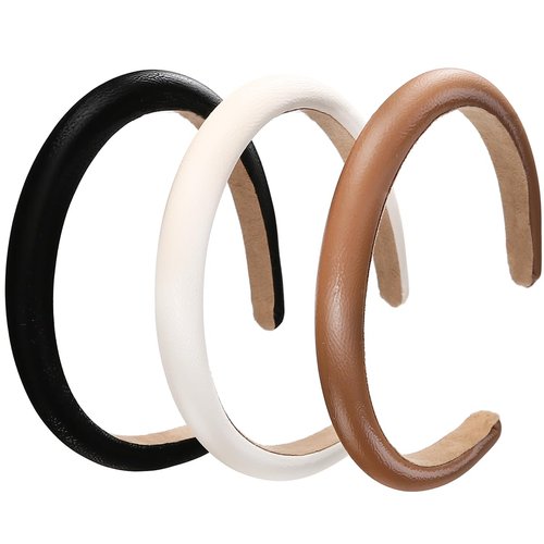 NARUNING 3 Pcs Padded Headbands for Women, Solid Color Leather Hair Band, Headhoop, Fashion Headwear, Girls Women Hair Accessories (Black/Brown/White)