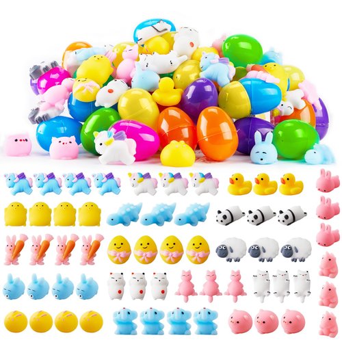 Minetom 60 PCS Mochi Squishy Toys Prefilled Easter Eggs with Toys Inside Mini Squishies Stress Relief Toys Bulk Classroom Prizes Easter Egg Fillers Basket Stuffers Easter Party Favor Gifts for Kids