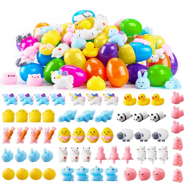 Minetom 60 PCS Mochi Squishy Toys Prefilled Easter Eggs with Toys Inside Mini Squishies Stress Relief Toys Bulk Classroom Prizes Easter Egg Fillers Basket Stuffers Easter Party Favor Gifts for Kids