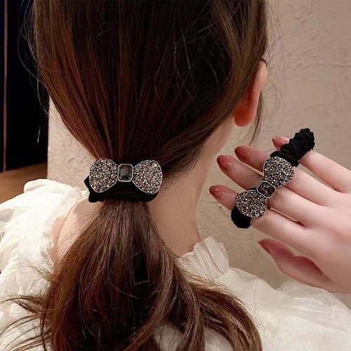 Zeshimb Boho Rhinestone Ponytail Holder Bowknot Ponytail Hair Tie Geometric Elastic Scrunchies Black Crystal Hair Ropes Decorative Hair Accessories for Women and Girls