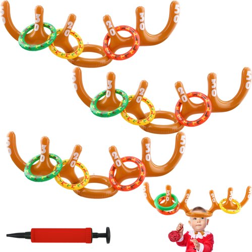 Cotiny Christmas Inflatable Reindeer Antler Ring Toss Games Reindeer Antler Hat Headband Ring Toss Game for Kids Xmas Party Supplies Indoor Games (4 Reindeer Antler, 16 Rings, 1 Pump)
