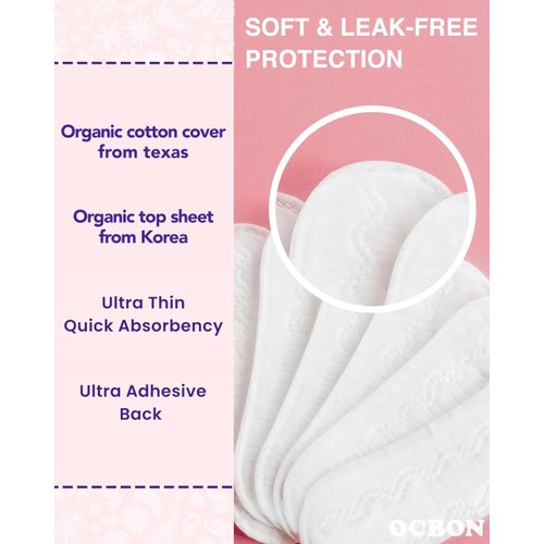 OCBON Ultra Thin Sanitary Pantyliners (Regular, 15.5cm, 40 Counts) - Ultra Thin, Unscented 100% Organic Cotton Panty Liners for Women. Chemical-Free, Extra Soft, Ideal for Sensitive Skin.