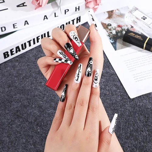 Coffin Press on Nails Long Black White Fake Nails with Checkerboard Design False Nails Artificial Acrylic Glue on Nails Tip Ballerina Stick on Nails For Women Girls 24Pcs…