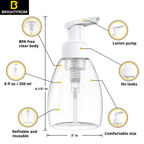 BRIGHTFROM Foaming Soap Dispenser Pump Bottles, BPA Free Empty Refillable Plastic Container for Liquid Soap - Kitchen, Bathroom, Commercial - 8oz (250ml) Pack of 2 Clear