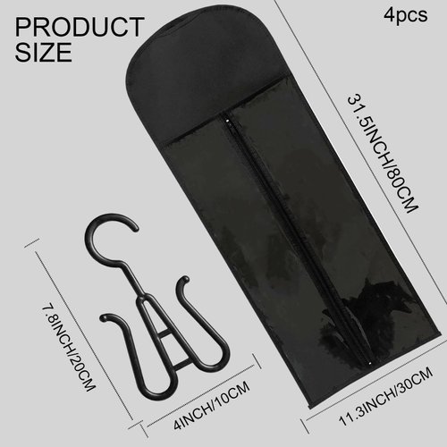 Jonley 4Pcs Extra Long Wig Storage Bags with Hanger, Wig Storage for Multiple Wigs Hair Extensions and Accessory Storage Breathable and Easy Carry Home Hair Salon Travel Use (Black 31.5in)