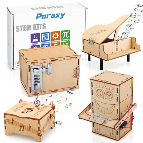 Poraxy 4 Set STEM Kits for Kids Ages 8-10 10-12, Toys for Ages 8-13, Music Box, Robot 3D Puzzle Educational Science Building Projects Crafts, Birthday Gifts for Boys Girls 7 8 9 10 11 12 13 Year Old