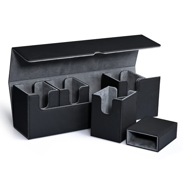 UAONO Card Storage Box with Dice Tray for MTG Yugioh, 5 in 1 Card Deck Case Holds 900+ Unsleeved Cards, Strong Magnet Card Organizer Compatible with Magic Commander TCG CCG Sports Cards (Black)