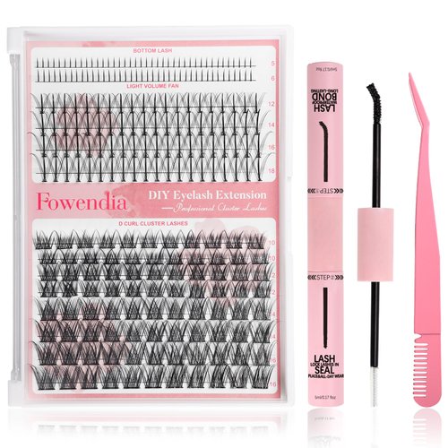 Fowendia Lash Clusters Kit DIY Lash Extension Kit Individual Cluster Eyelash Extensions D Curl Kit with Bottom Lashes Wispy, Lash Bond and Seal Glue, Lash Tweezers at Home (3 Styles, FX02)