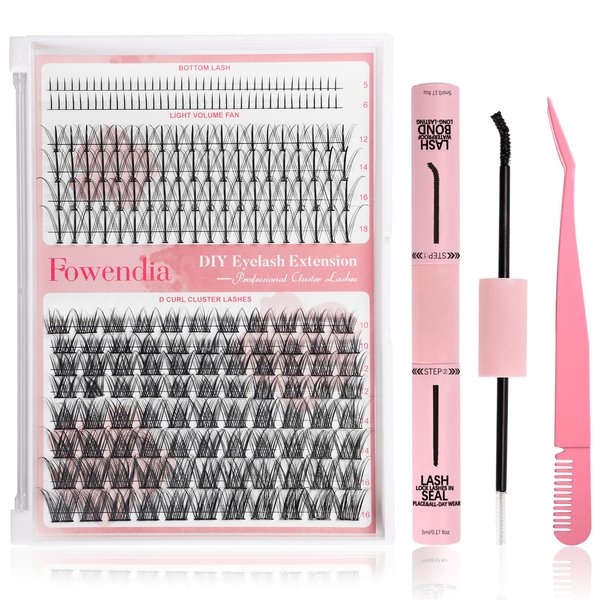 Fowendia Lash Clusters Kit DIY Lash Extension Kit Individual Cluster Eyelash Extensions D Curl Kit with Bottom Lashes Wispy, Lash Bond and Seal Glue, Lash Tweezers at Home (3 Styles, FX02)