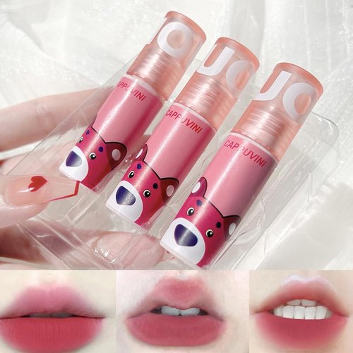 Dulele 3PCS Matte Velvet Liquid Lipstick Set, Cute Bear Lip Gloss Lip Stain, Long Lasting 24 Hours Lip Glaze Non-Stick Cup Lip Clay Cute Lip Makeup for Girls