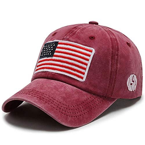 Red Vintage Distressed Pigment-Dyed American Flag Baseball Cap - Adjustable Low Profile Curved Brim Patriotic Dad Hat for Men or Women