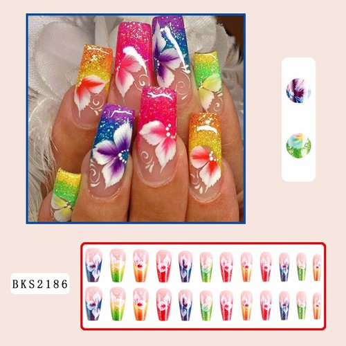 Flower Press on Nails Long Coffin Nails Medium Length Square Fake Nails Colored French Nails Tip False Nails with Light Floral Design Purple Acrylic Glue on Nails Bling Stick on Nails for Women 24Pcs