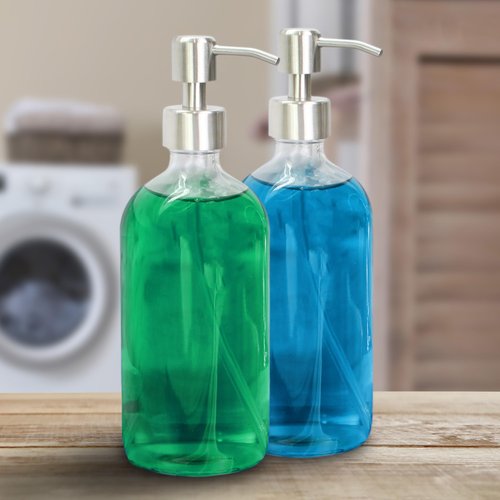 Cornucopia 16-Ounce Clear Glass Boston Round Bottles w/Stainless Steel Pumps (2 Pack), Soap Dispenser Great for Essential Oils, Lotions, Liquid Soaps