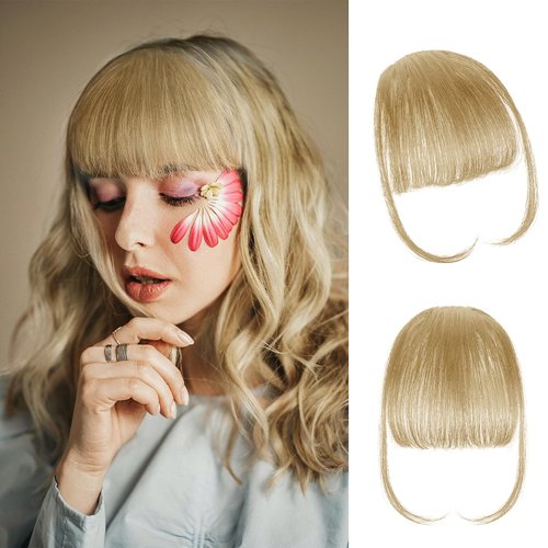 SISLAF Clip in Bangs100% Real Human Hair Bangs Hair Clip Wispy Bangs Clip On Bangs for Women with Temples Hairpieces Wig Curved Bangs with Hair Roller(Ash Blonde)