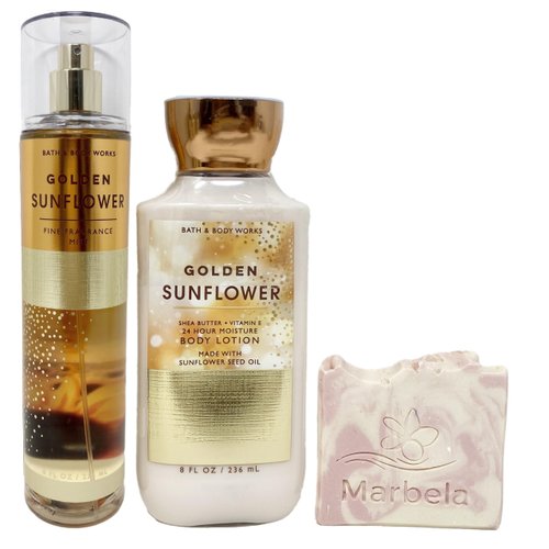 Bath and Body Works Golden Sunflower Body Lotion shea butter + vitamin E and Fine Fragrance Mist with a Himalayan Salts Springs Sample Soap.