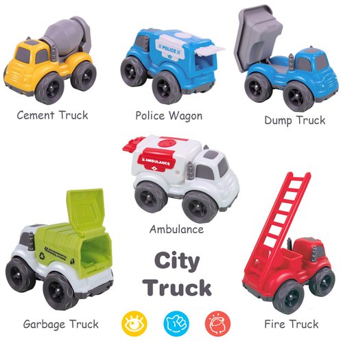 iPlay, iLearn 6PCS Friction Cars Toy Toddlers 1-3, Small Push Go Truck Kids Age 2-4, Mini Construction Vehicle Dump Garbage Fire Truck, Birthday Gifts Stocking Stuffer Cake Topper 12 18 Month Boy Girl