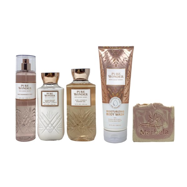 Bath & Body Works Pure Wonder Deluxe Gift Set - Fragrance Mist - Shower Gel - Body Lotion and Moisturizing Body Wash - with a Himalayan Salts Springs Sample Soap.
