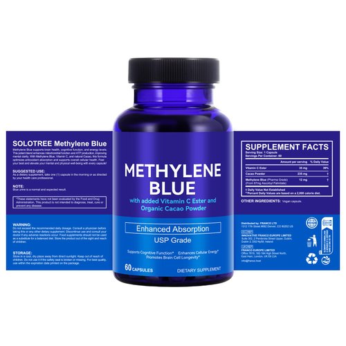 Methylene Blue Capsules, USP Grade Capsule Form Methylene Blue 12 Mg for Human with Added Vitamin C Ester- Supports Cognitive Function & Enhances Absorption, 60 Capsules