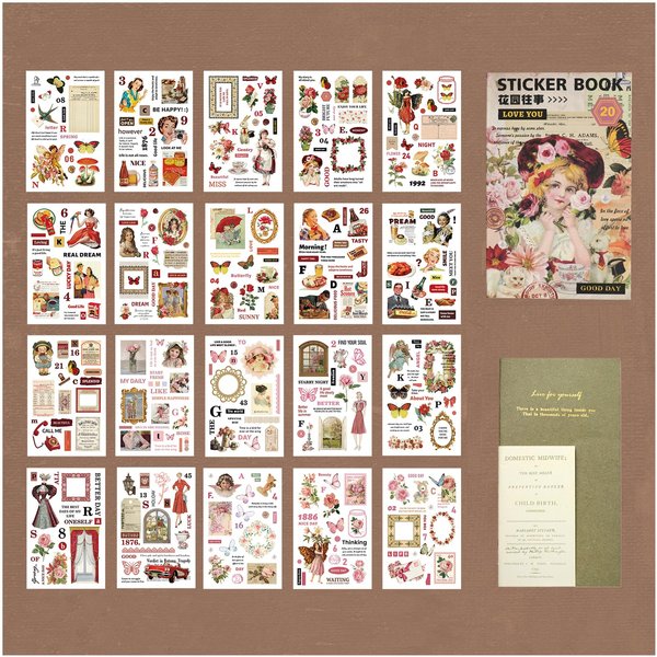 Dwpetzo Creative Scrapbook Kit- Pre-Cut Vintage Washi Stickers, Ephemera Sticker Book, and Morandi Textured Paper Notebook for Junk Journals Collage, DIY Art Journaling Supplies