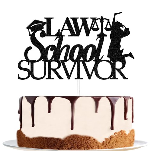 Law School Survivor Cake Topper, Congrats Lawyer Cake Decoration, 2023 Law School Graduation Party Supplies Black Glitter