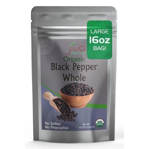 Jiva Organics Organic Whole Black Peppercorns 1 Pound - Pepper, Premium Grade for Grinder Refill