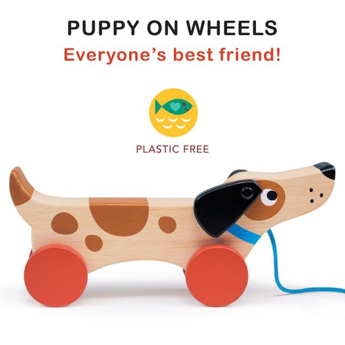 Mentari Toys - Puppy on Wheels - Walk-A-Long Wooden Dog Pull Toy for Toddlers - Natural Wood Toy with Pull Chord, 4 Wheels, Rotating Ears - Enhances Motor Skills - Fosters Imaginative Play - Age 18M+