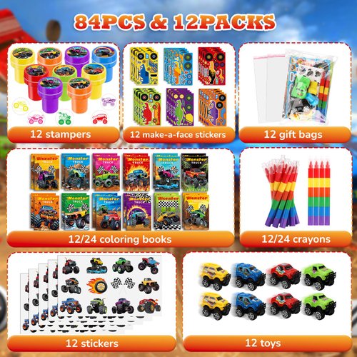 BenLouis 84Pcs Monster Truck Party Favors Truck Car Theme Coloring Books Crayons Sticker Set Bulk for Kids Racing Wheels Birthday Decor Goodie Bag Stuffer Classroom Rewards Craft Pinata Supplies