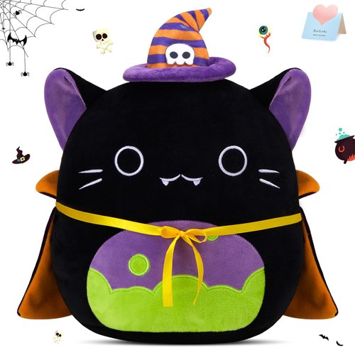 FunBase Black Cat Stuffed Plushies Halloween Plush Pillow Stuffed Animals Super Soft Cozy Cuddle Toy Holiday Decor Gift for Boys Girls