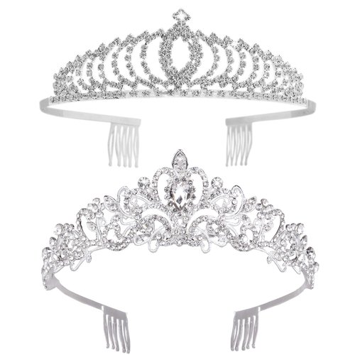 2 Pack Princess Peach Tiana Crown, Fairy Godmother Rapunzel Costume Tiara - Vofler Silver Coronas para 15 Años Headband for Princess Bride Diaries Party Quinceanera Prom Wedding Birthday Girls Women