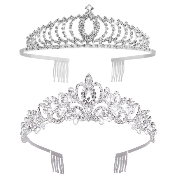 2 Pack Princess Peach Tiana Crown, Fairy Godmother Rapunzel Costume Tiara - Vofler Silver Coronas para 15 Años Headband for Princess Bride Diaries Party Quinceanera Prom Wedding Birthday Girls Women