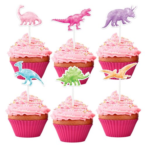 WERNNSAI 36 Pcs Watercolor Dinosaur Party Cupcake Toppers - Pink Dinosaur Birthday Party Decorations Girls Kids Dino Cake Decorations Paper Cake Toppers Picks Dinosaur Theme Birthday Party Supplies