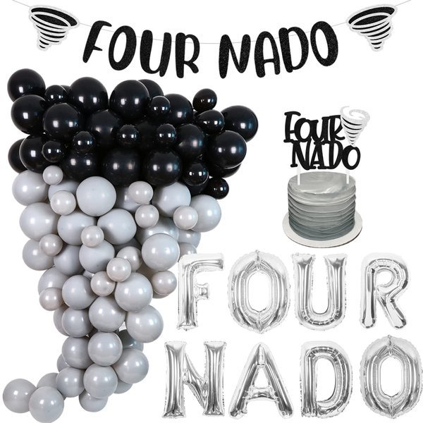 Cheereveal Fournado Birthday Party Decorations, Tornado Birthday Decorations, Tornado Theme 4th Birthday Party Supplies, Four-Nado Banner Cake Topper Balloons for Four Year Old Girls Boys